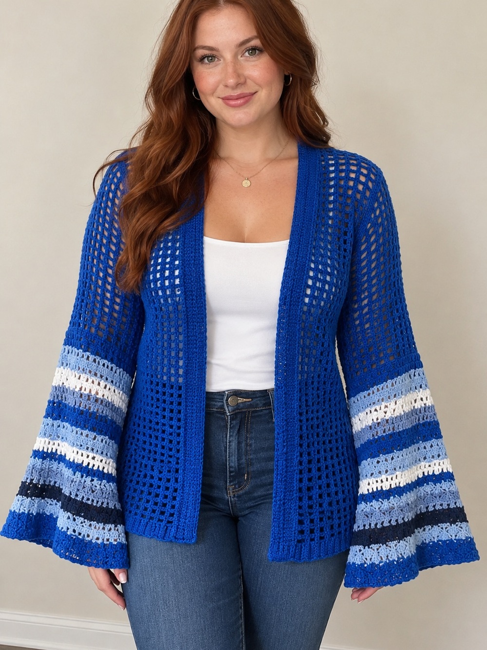Cato Royal Blue Open Stitch Crochet Stripe Bell Sleeve Cardigan Womens Medium
